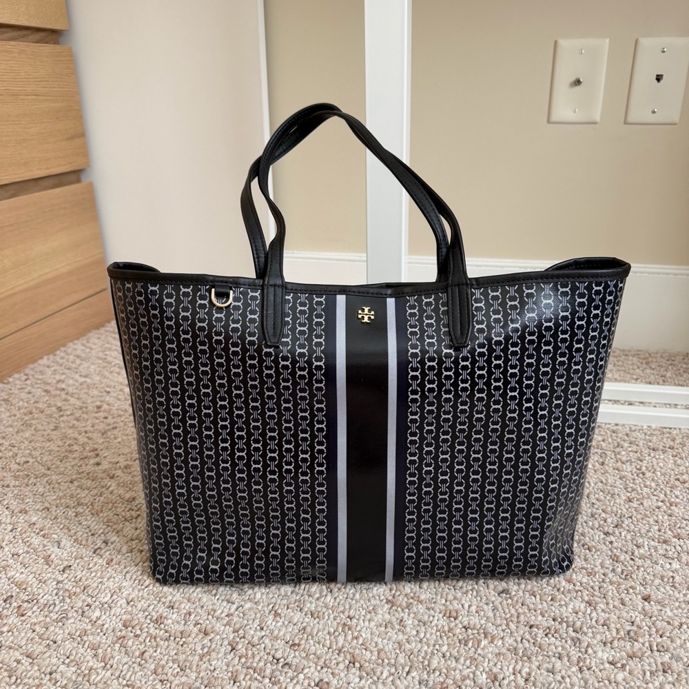 Tory Burch GeminiLink LargeTote Black Coated Canvas Leather Trim Work Laptop Bag